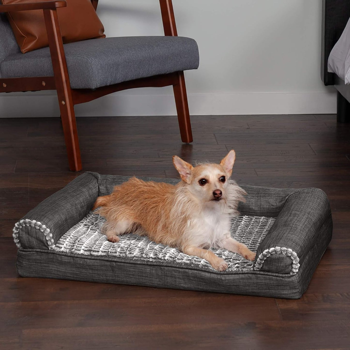 Pet Bed for Dogs and Cats - Luxe Fur and Performance Linen Sofa-Style Egg Crate Orthopedic Dog Bed, Removable Machine Washable Cover - Charcoal, Medium