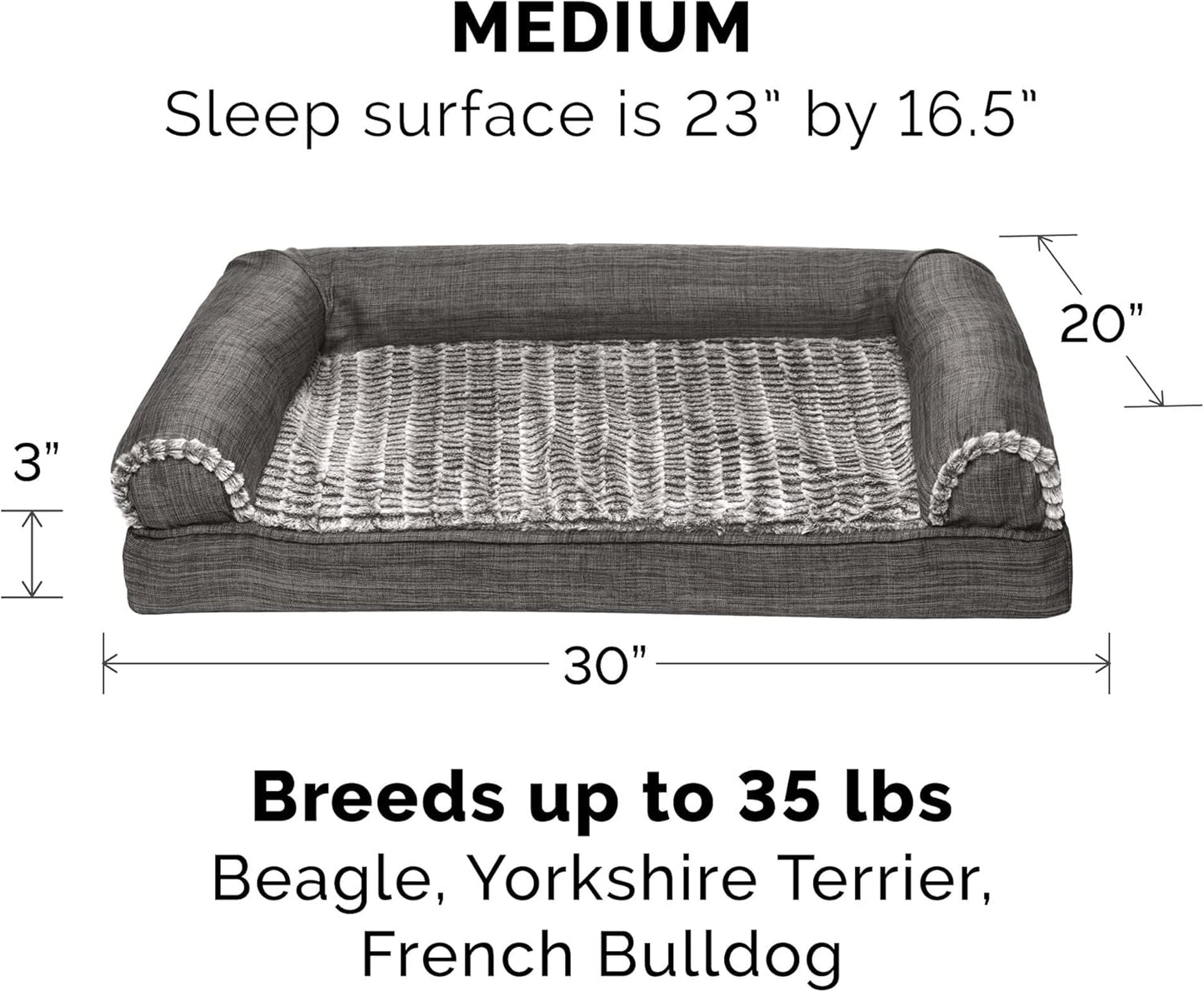 Pet Bed for Dogs and Cats - Luxe Fur and Performance Linen Sofa-Style Egg Crate Orthopedic Dog Bed, Removable Machine Washable Cover - Charcoal, Medium