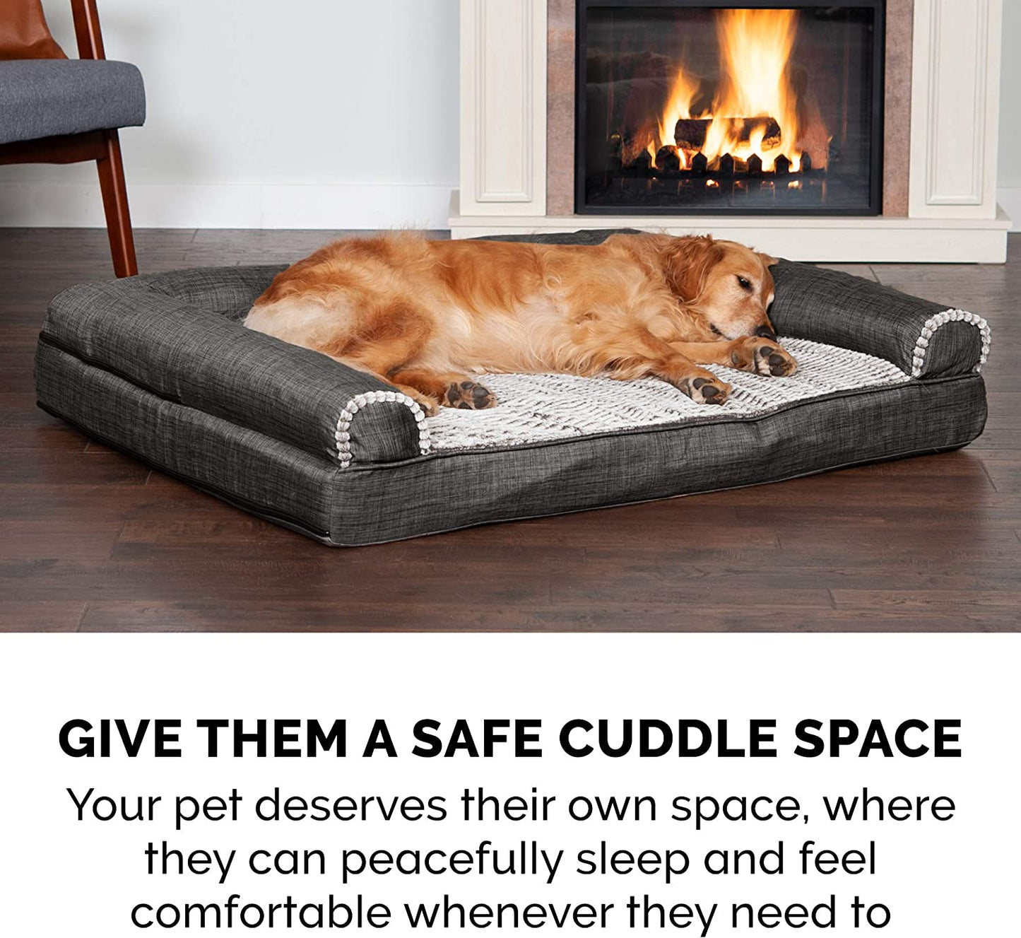 Pet Bed for Dogs and Cats - Luxe Fur and Performance Linen Sofa-Style Egg Crate Orthopedic Dog Bed, Removable Machine Washable Cover - Charcoal, Medium