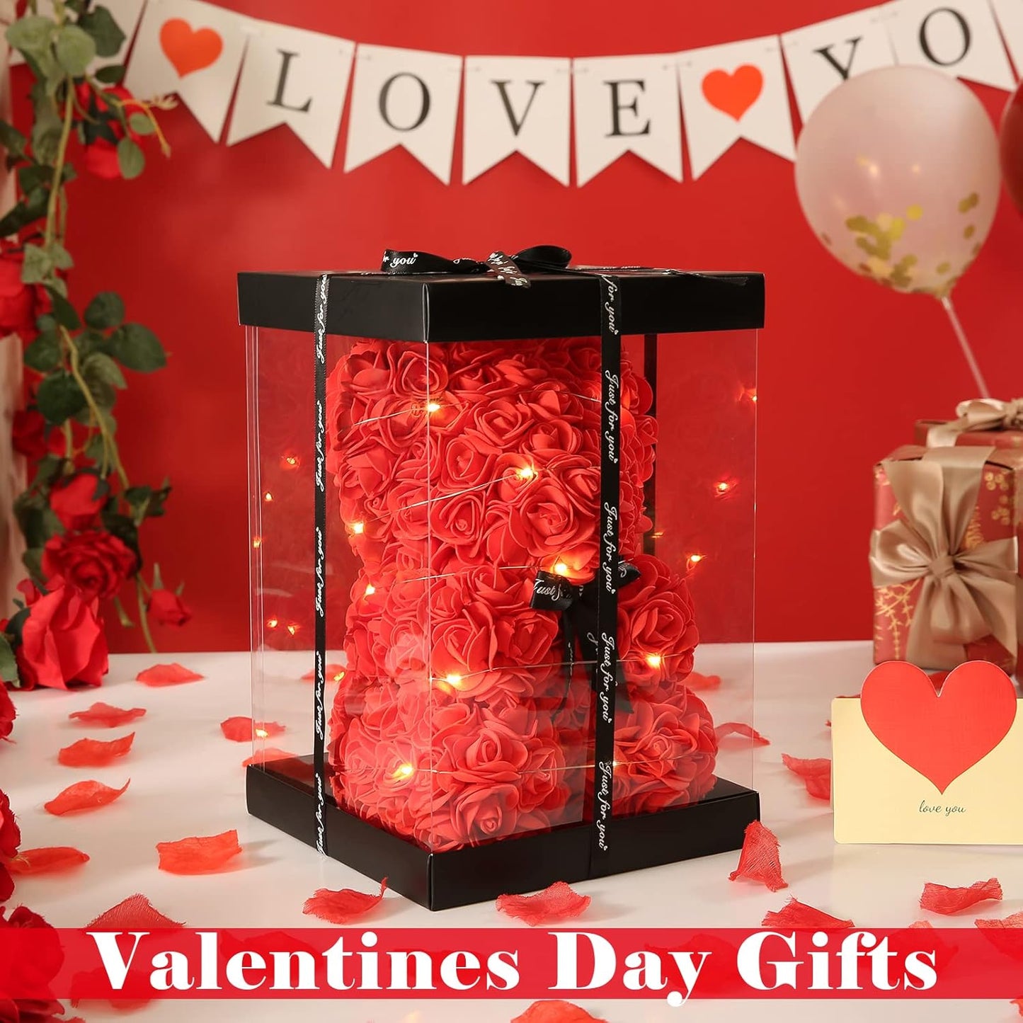 Rose Bear Christmas Birthday Gifts for Women Mom Her Girlfriend, Fully-Assembled Artificial Flowers Teddy Bear with String Lights Necklace Ballon Card Box, Anniversary Valentines Mother'S Day, Red