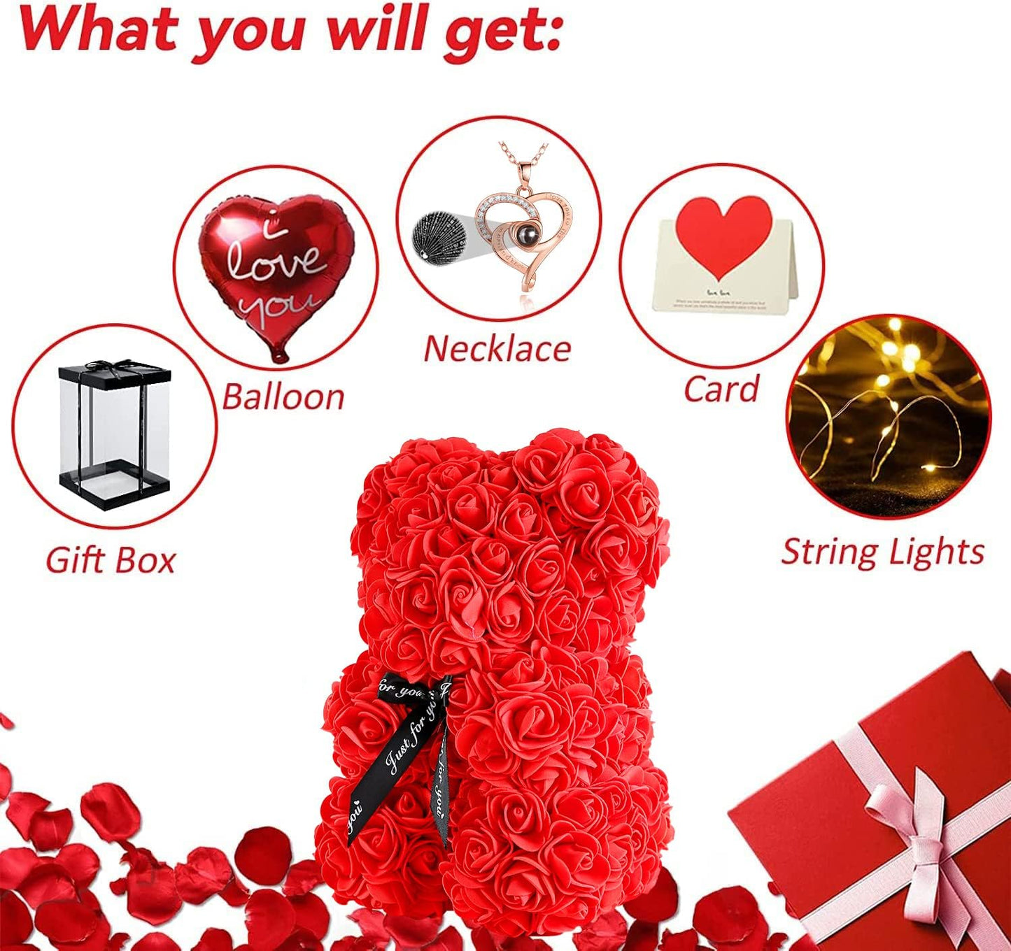 Rose Bear Christmas Birthday Gifts for Women Mom Her Girlfriend, Fully-Assembled Artificial Flowers Teddy Bear with String Lights Necklace Ballon Card Box, Anniversary Valentines Mother'S Day, Red