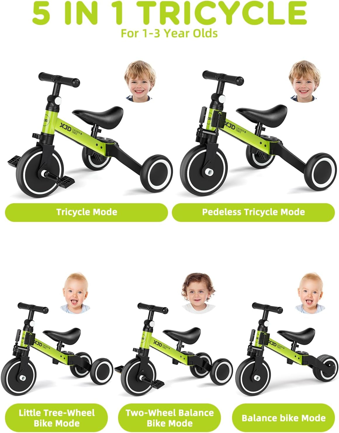 ﻿ 5 in 1 Toddler Bike, Tricycle for Toddlers 1-3 with Adjustable Seat Height, Removable Pedals, Ideal Balance Bike Birthday Gifts and Toys for Boys and Girls