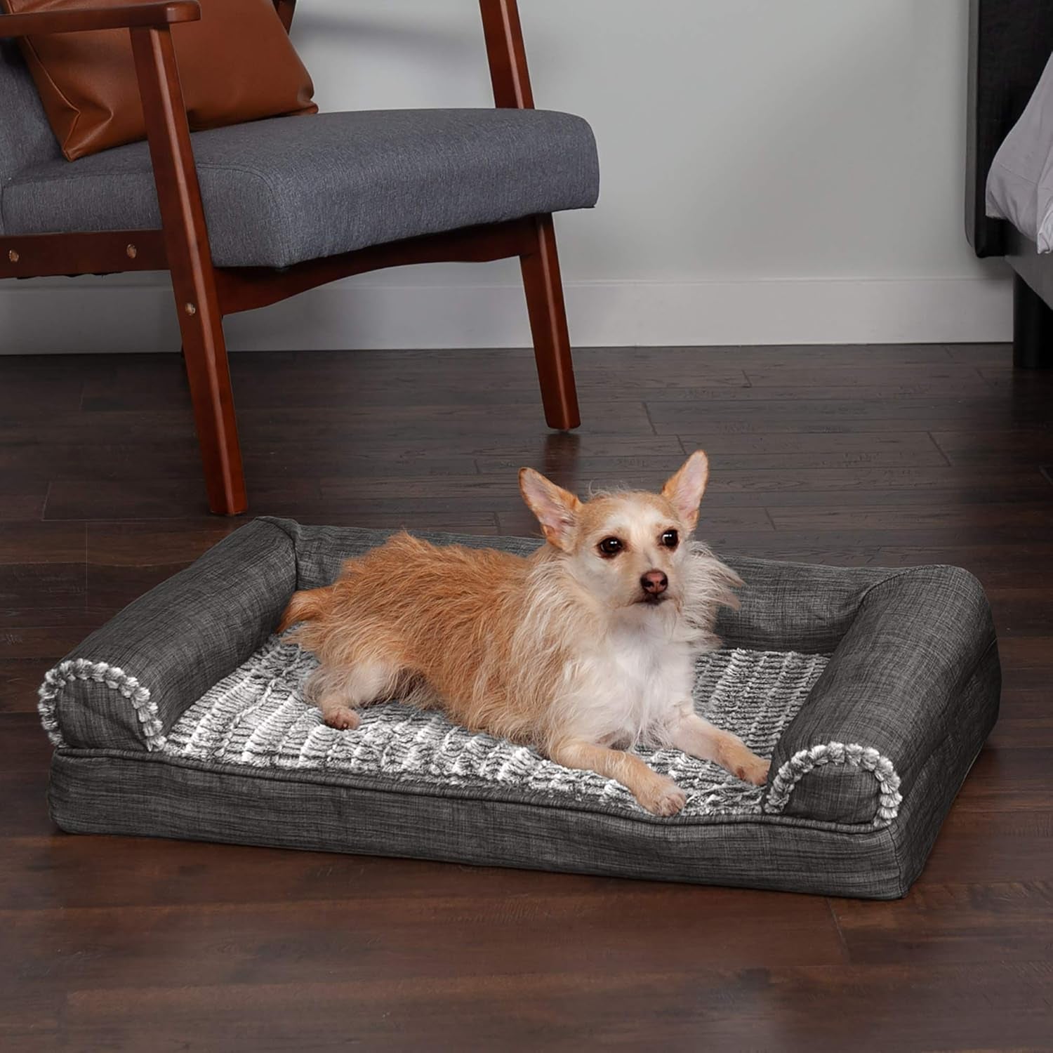 Pet Bed for Dogs and Cats - Luxe Fur and Performance Linen Sofa-Style Egg Crate Orthopedic Dog Bed, Removable Machine Washable Cover - Charcoal, Medium