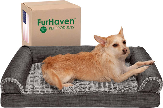 Pet Bed for Dogs and Cats - Luxe Fur and Performance Linen Sofa-Style Egg Crate Orthopedic Dog Bed, Removable Machine Washable Cover - Charcoal, Medium