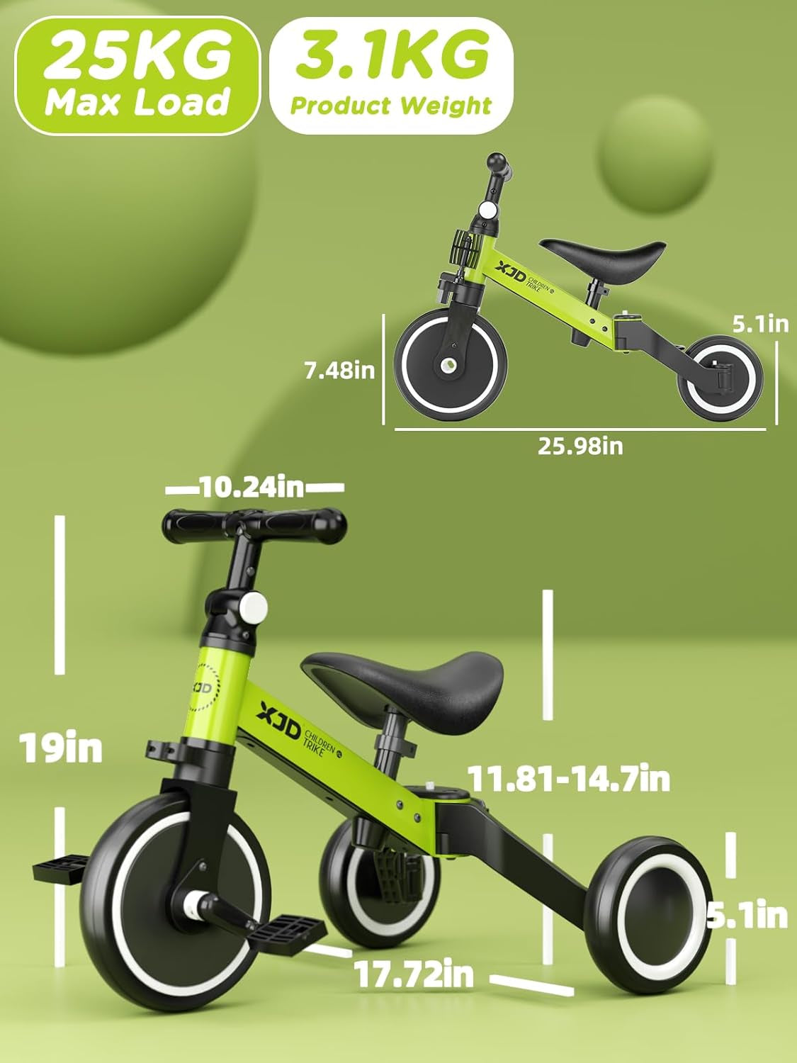 ﻿ 5 in 1 Toddler Bike, Tricycle for Toddlers 1-3 with Adjustable Seat Height, Removable Pedals, Ideal Balance Bike Birthday Gifts and Toys for Boys and Girls