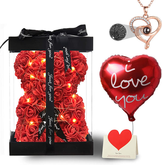 Rose Bear Christmas Birthday Gifts for Women Mom Her Girlfriend, Fully-Assembled Artificial Flowers Teddy Bear with String Lights Necklace Ballon Card Box, Anniversary Valentines Mother'S Day, Red