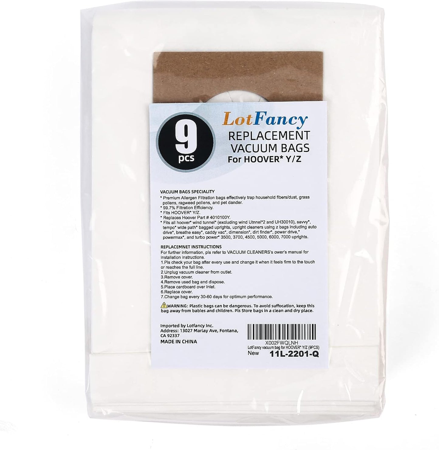 9Pcs Vacuum Bags for Hoover Windtunnel Upright, Type Y Z, Part # 4010400Y, Replacement Micro Filtration Vacuum Cleaner Dust Bags