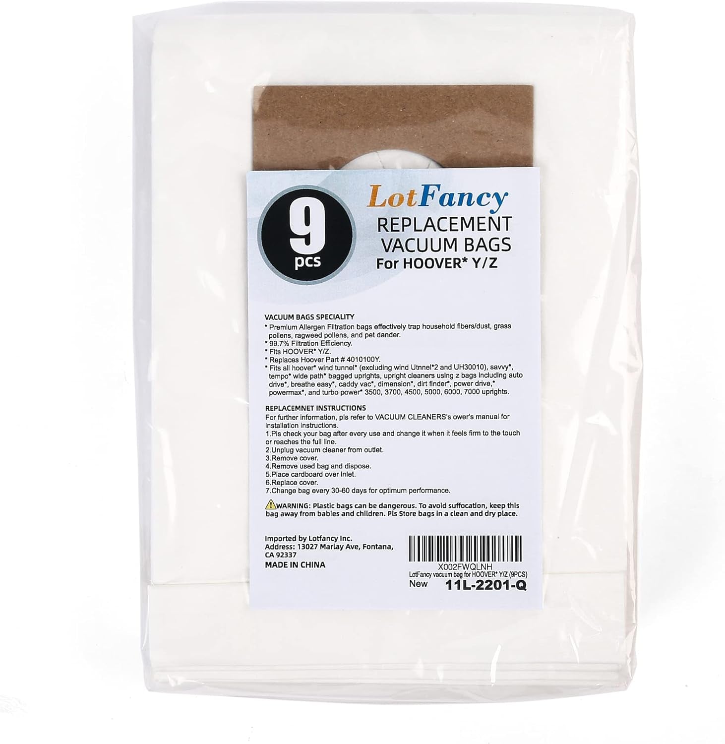 9Pcs Vacuum Bags for Hoover Windtunnel Upright, Type Y Z, Part # 4010400Y, Replacement Micro Filtration Vacuum Cleaner Dust Bags