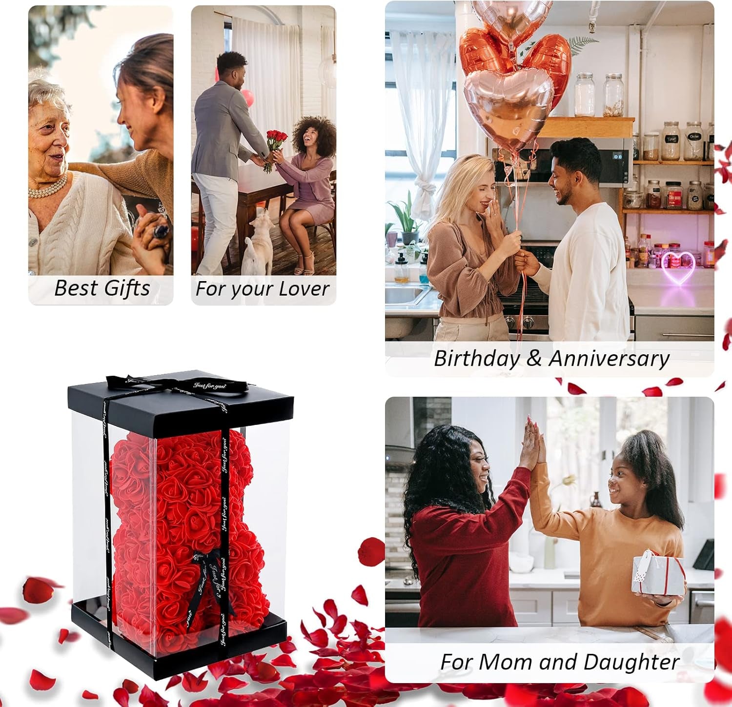 Rose Bear Christmas Birthday Gifts for Women Mom Her Girlfriend, Fully-Assembled Artificial Flowers Teddy Bear with String Lights Necklace Ballon Card Box, Anniversary Valentines Mother'S Day, Red